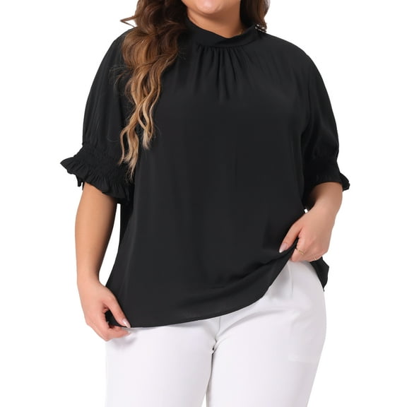 Agnes Orinda Women's Plus Size St. Patrick's Day Blouse Work Office Pleated Solid Short Sleeve Mock Neck Puff Sleeve Tops 4X Black