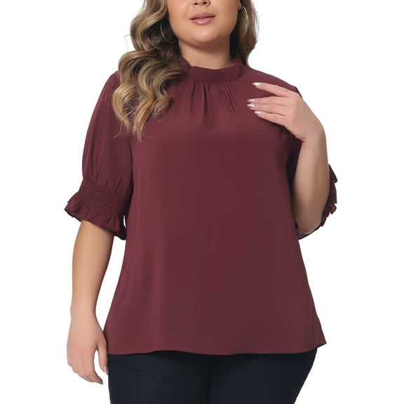 Agnes Orinda Plus Size Blouse for Women Work Office Pleated Solid Short Sleeve Mock Neck Puff Sleeve Tops 4X Burgundy