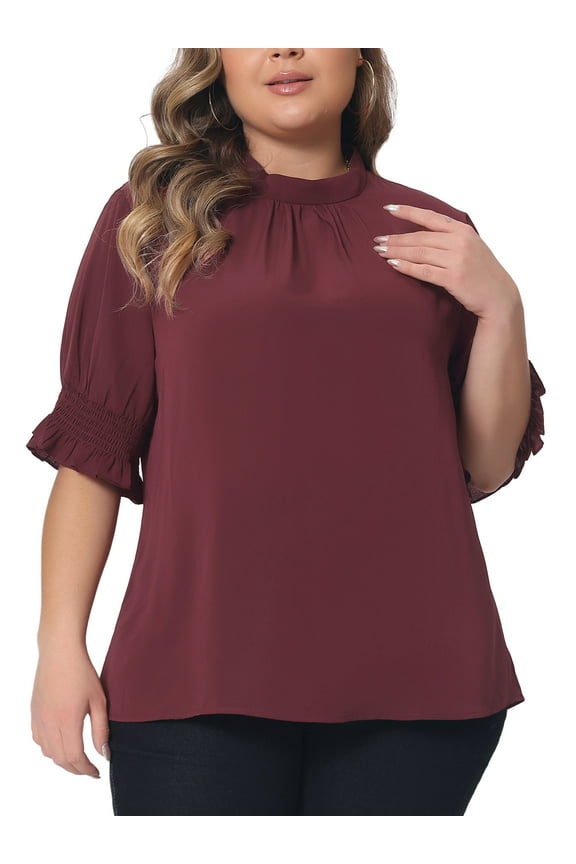 Women's Plus Size St. Patrick's Day Blouse Work Office Pleated Solid Short Sleeve Mock Neck Puff Sleeve Tops 4X Burgundy