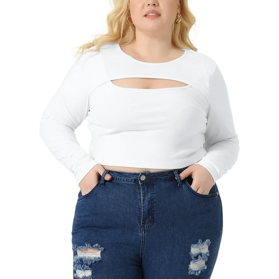 Agnes Orinda Plus Size Blouses for Women 2023 Long Sleeve Cutout Round Neck Top