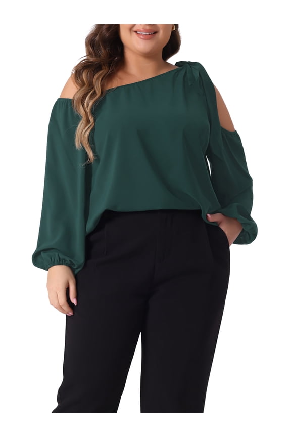 Women's Plus Size Cold Shoulder Tie Long Sleeve Blouses Casual T-Shirt Tee Tops 2X Dark Green