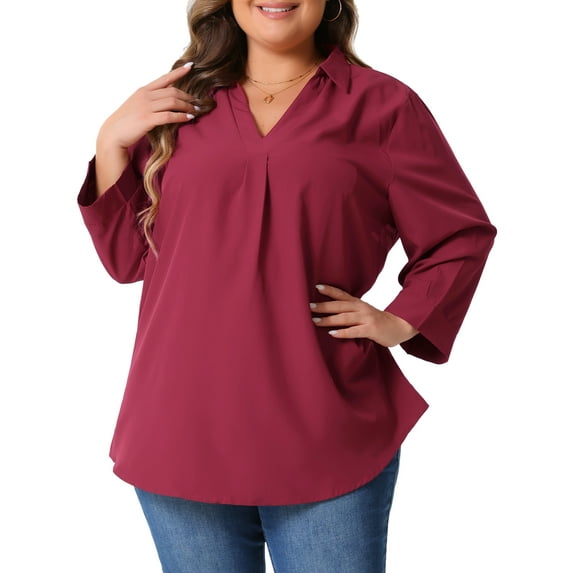 Agnes Orinda Plus Size Blouses for Women 3/4 Sleeve V Neck Work Shirts Casual Blouse 3X Burgundy