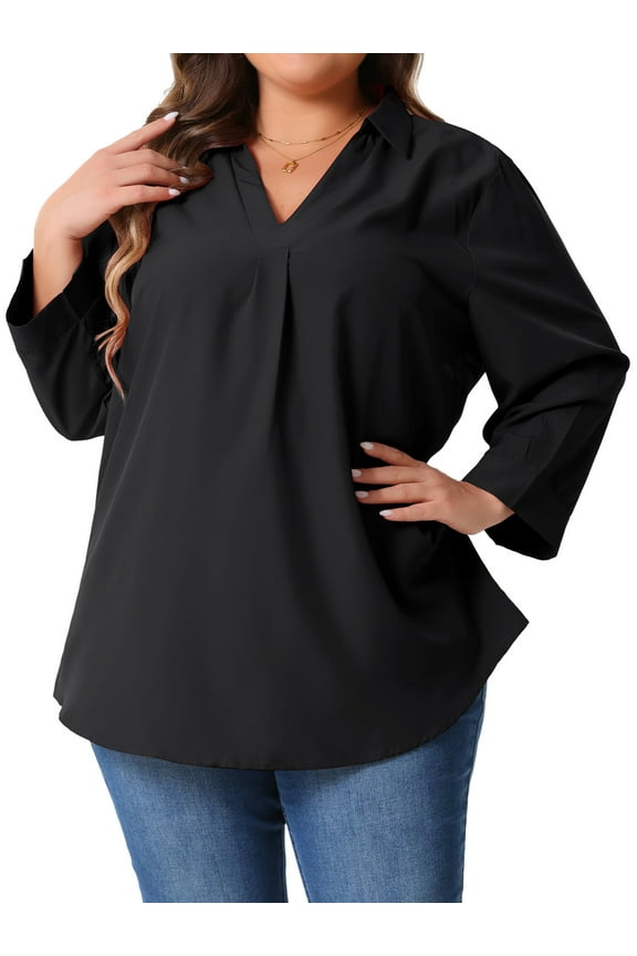 Plus Size Blouses for Women 3/4 Sleeve V Neck Work Shirts Casual Blouse 3X Black