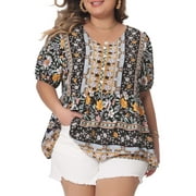 GRACE & GRANDEUR Agnes Orinda Women's Plus Size V Neck Short Sleeves Summer Shirts Floral Peplum Boho Blouses Tops 2X Black