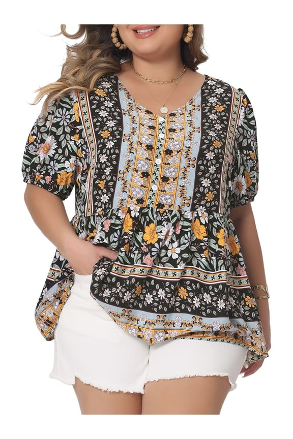 Women's Plus Size V Neck Short Sleeves Summer Shirts Floral Peplum Boho Blouses Tops 3X Black