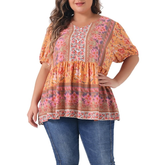 Agnes Orinda Women's Plus Size V Neck Short Sleeves Summer Shirts Floral Peplum Boho Blouses Tops 4X Orange