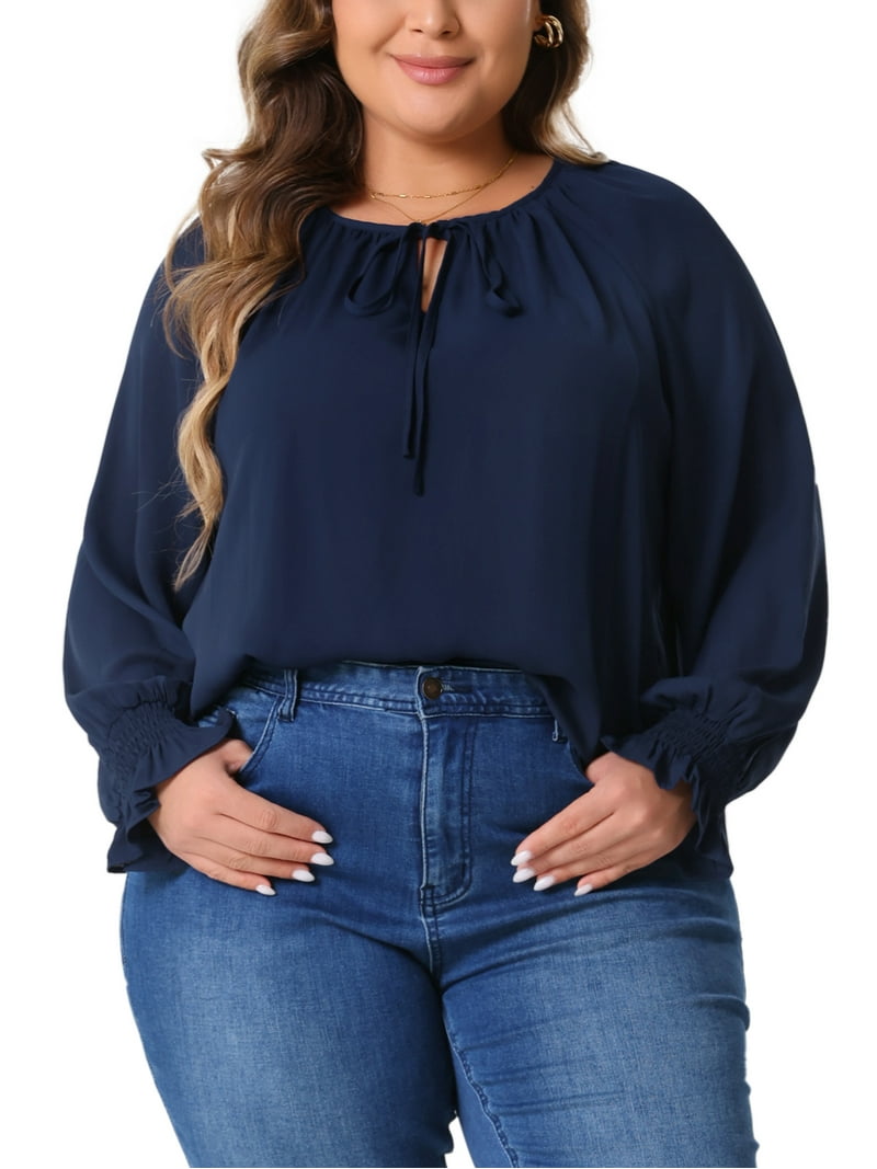 Agnes Orinda Plus Size Blouses for Women Casual V Neck Tops Drawstring Long  Sleeve T Shirt Blouses 4X Navy Blue - Walmart.com, image size:800x1067