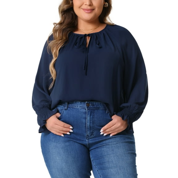 Agnes Orinda Plus Size Blouses for Women Casual V Neck Tops Drawstring Long Sleeve T Shirt Blouses 3X Navy Blue