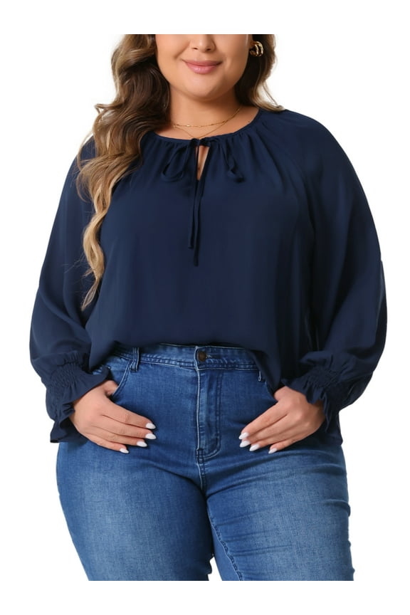 Plus Size Blouses for Women Casual V Neck Tops Drawstring Long Sleeve T Shirt Blouses 3X Navy Blue