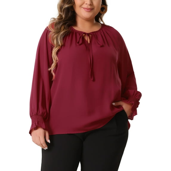 Agnes Orinda Plus Size Blouses for Women Casual V Neck Tops Drawstring Long Sleeve T Shirt Blouses 3X Burgundy