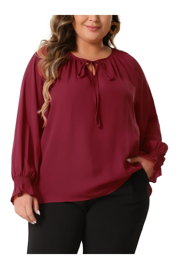 Plus Size Blouses for Women Casual V Neck Tops Drawstring Long Sleeve T Shirt Blouses 1X Burgundy