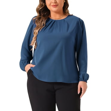 Agnes Orinda Plus?Size?Blouses?for?Women?Long?Sleeve?Pleated Crew Neck Office Work Chiffon Shirts 3X Blue