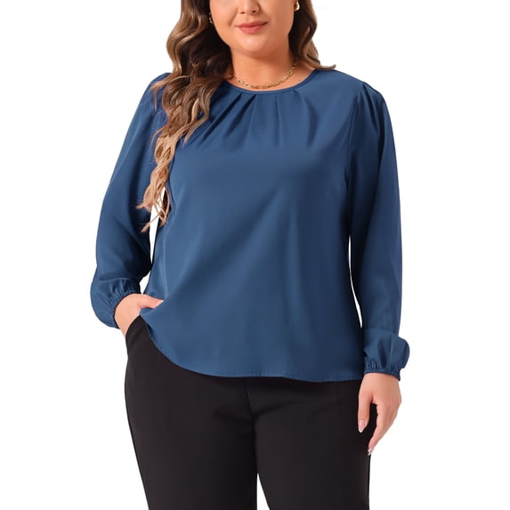 Agnes Orinda Plus Size Tops for Women Crew Neck Pleated Work Office Long Sleeve Blouses Shirts 4X Blue
