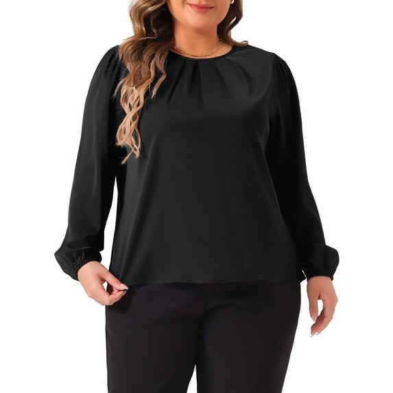 Agnes Orinda Plus Size Tops for Women Crew Neck Pleated Work Office Long Sleeve Blouses Shirts 1X Black