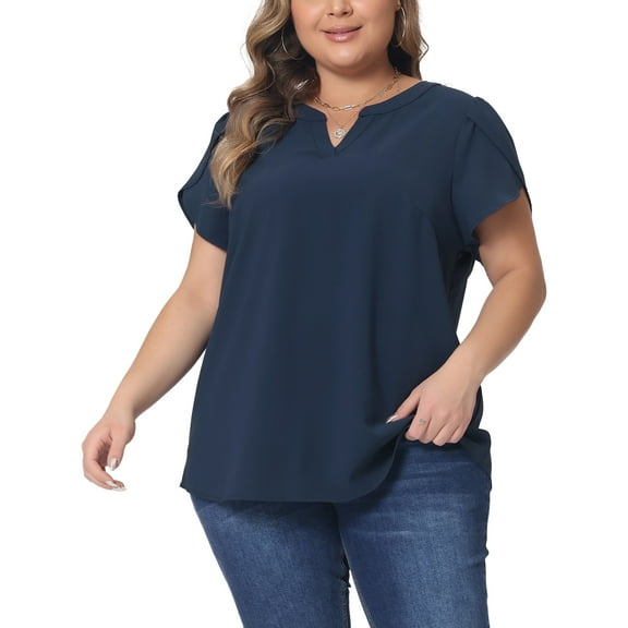 Agnes Orinda Women's Plus Size Blouses Notched V Neck Short Petal Sleeve Shirts Casual Tops 1X Dark Blue