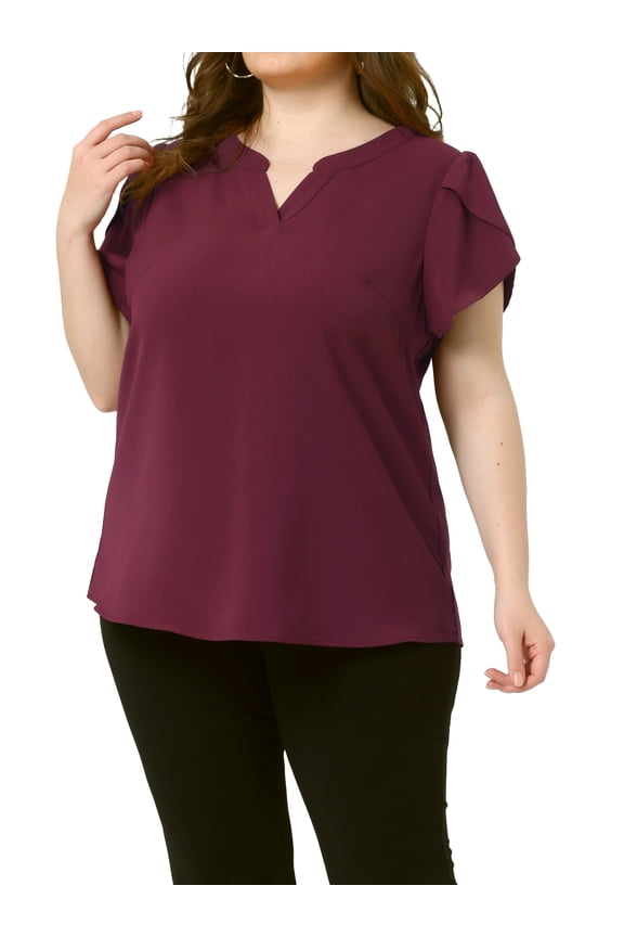 Women's Plus Size Blouses Notched V Neck Short Petal Sleeve Shirts Casual Tops 2X Burgundy