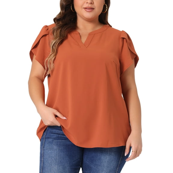Agnes Orinda Women's Plus Size Blouses Notched V Neck Short Petal Sleeve Shirts Casual Tops 2X Caramel