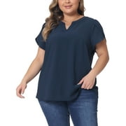 AGNES ORINDA Plus Size Blouses for Women Notched V Neck Short Petal Sleeve Shirts Casual Dressy Tops 2X Dark Blue