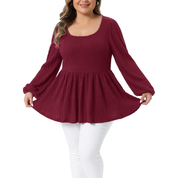 Agnes Orinda Plus Size Blouses for Women Scoop Neck Long Sleeve Peplum Knit Top 2X Wine Red