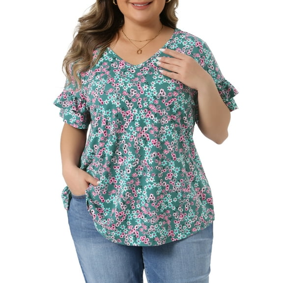 Agnes Orinda Women's Plus Size Floral Tops V Neck Ruffle Sleeve Summer Casual Blouses  1X Green