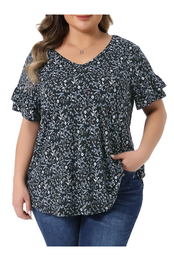 Women's Plus Size Floral Tops V Neck Ruffle Sleeve Summer Casual Blouses 3X Black