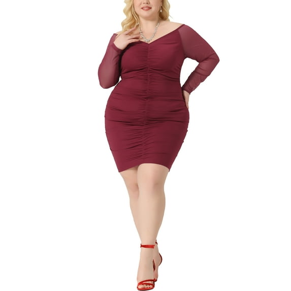 Agnes Orinda Plus Size Bodycon Dress for Women's Off Shoulder Mesh 3/4 Sleeve Stretchy Ruched Pencil Mini Dress 3X Burgundy