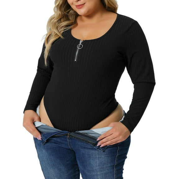 Agnes Orinda Plus Size Bodysuits for Women Deep V Neck Zip Up Long Sleeve Tops Bodysuit Jumpsuit 1X Black