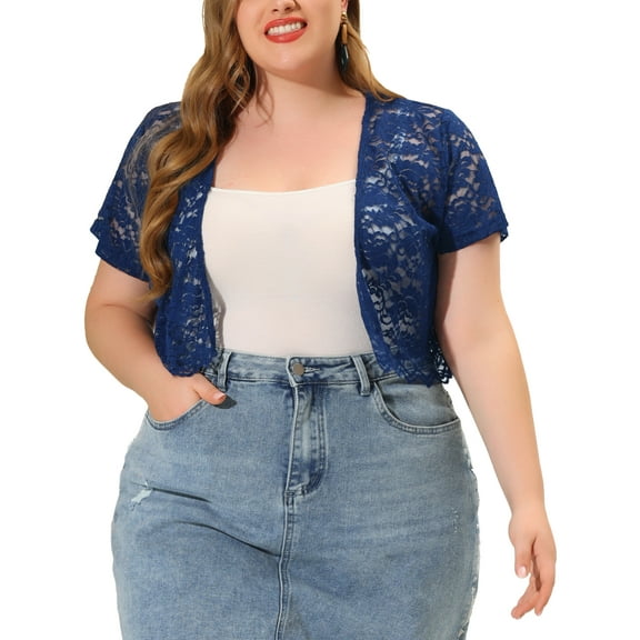 Agnes Orinda Plus Size Bolero Shrugs for Women Open Front Short Sleeve Crochet Lace Cropped Cardigans 1X Navy