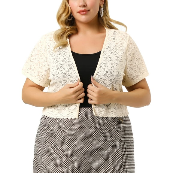 Agnes Orinda Plus Size Bolero Shrugs for Women Open Front Short Sleeve Crochet Lace Cropped Cardigans 2X Beige