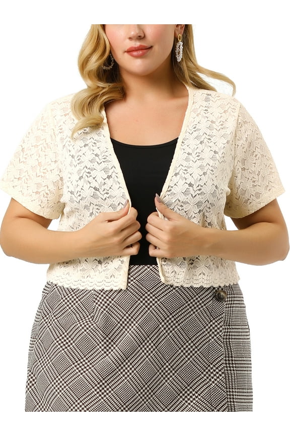 Plus Size Bolero Shrugs for Women Open Front Short Sleeve Crochet Lace Cropped Cardigans 2X Beige