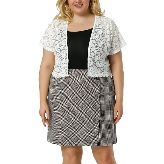 Agnes Orinda Plus Size Bolero Shrugs for Women Open Front Short Sleeve Crochet Lace Cropped Cardigans 2X White