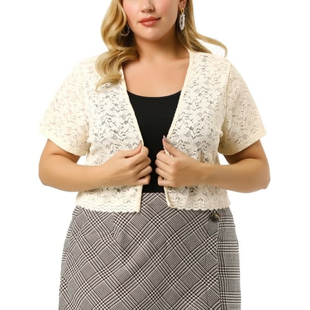 Agnes Orinda Plus Size Bolero Shrugs for Women Open Front Short Sleeve Crochet Lace Cropped Cardigans 3X Beige