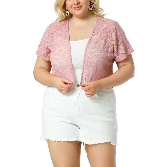 Agnes Orinda Plus Size Bolero Shrugs for Women Open Front Short Sleeve Crochet Lace Cropped Cardigans 3X Pink