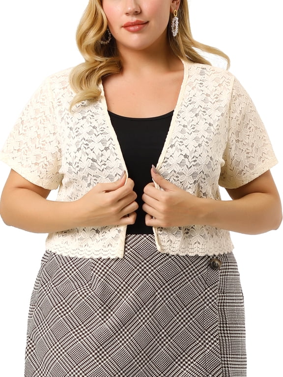 Plus Size Bolero Shrugs for Women Open Front Short Sleeve Crochet Lace Cropped Cardigans 5X Beige