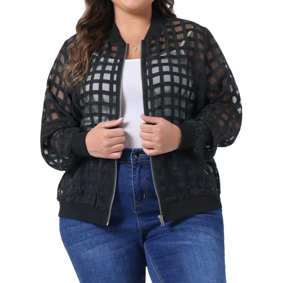 Plus Size Bomber Jacket for Women Hollow Out Long Sleeve Baseball Collar Zip Up Outerwear 1X Black