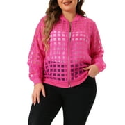 AGNES ORINDA Plus Size Bomber Jacket for Women Hollow Out Long Sleeve Baseball Collar Zip Up Outerwear 1X Hot Pink