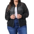 thumbnail image 1 of Plus Size Bomber Jacket for Women Hollow Out Long Sleeve Baseball Collar Zip Up Outerwear 3X Black, 1 of 6