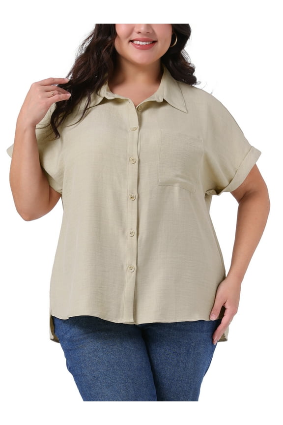 Women's Plus Size Button Down Shirts Lapel Rolled Short Sleeve Split Hem Summer Blouses Causal Tops with Pocket 1X Beige