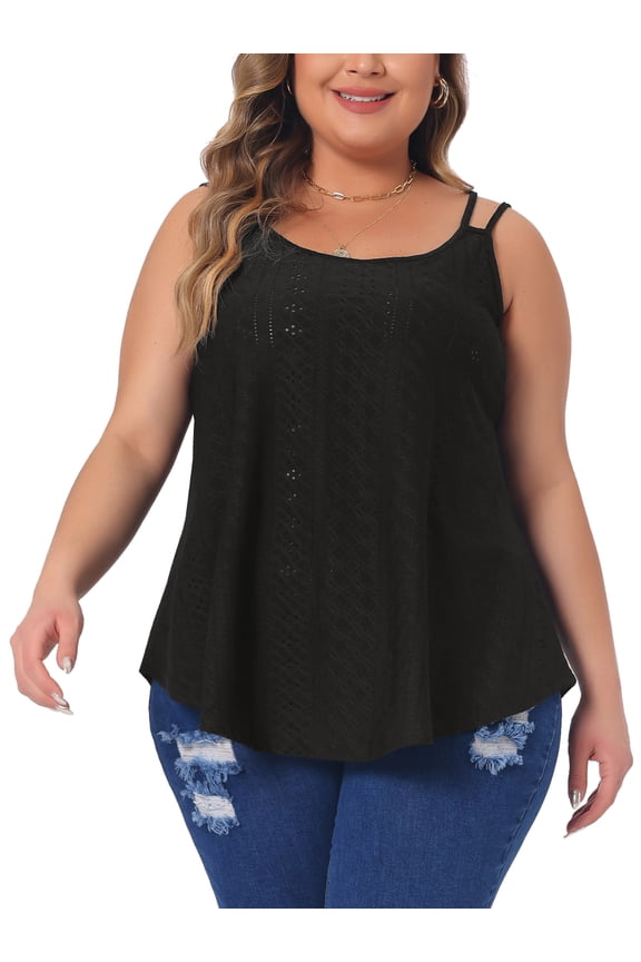 Plus Size Tank Tops for Women Eyelet Embroidery Sleeveless Spaghetti Strap Loose Fit Cami Tops 1X Black