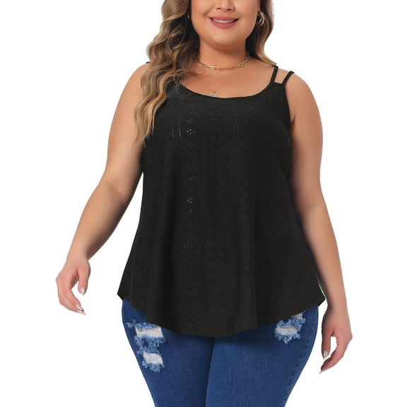 Plus Size Tank Tops for Women Eyelet Embroidery Sleeveless Spaghetti Strap Loose Fit Cami Tops 2X Black