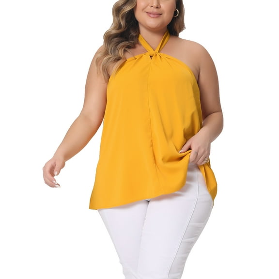 Agnes Orinda Plus Size Camisole for Women Self Tie Hanging Neck Suspender Vest Sleeveless Cami Tank Top 2X Orange