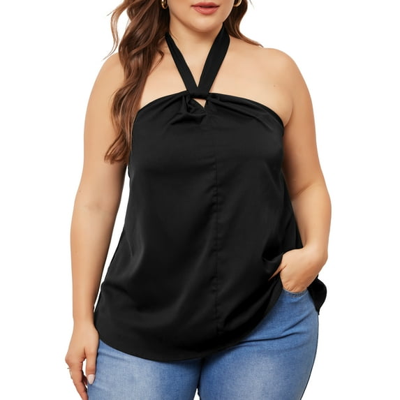 Agnes Orinda Plus Size Camisole for Women Self Tie Hanging Neck Suspender Vest Sleeveless Cami Tank Top 4X Black
