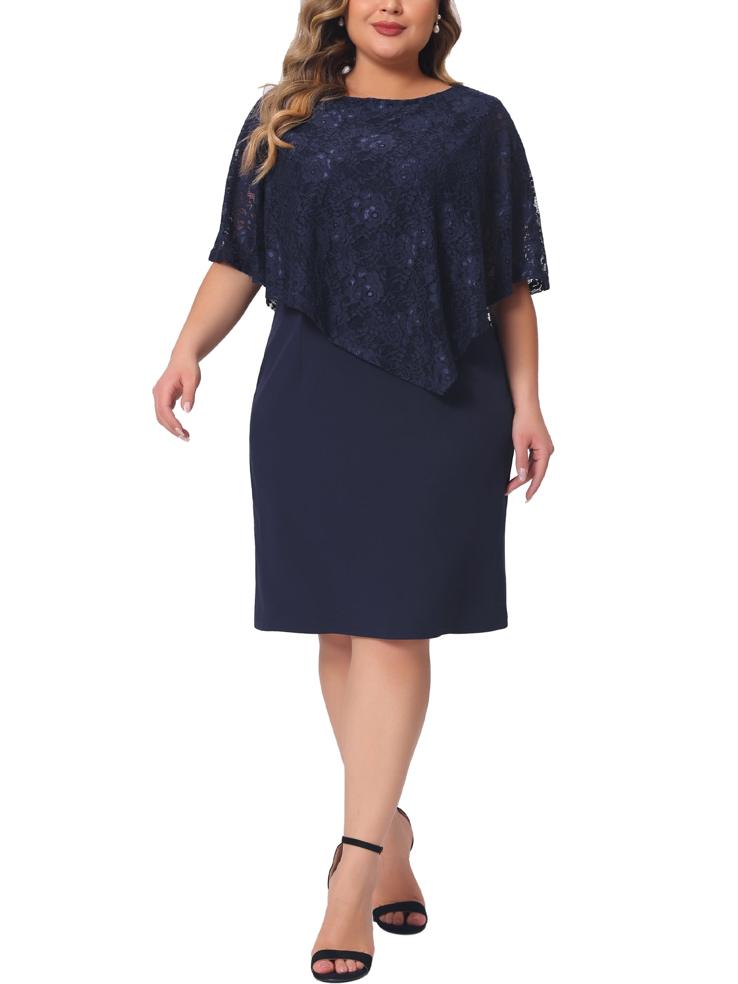 Agnes Orinda Plus Size Cape Dress for Women Sleeveless with Lace Overlay  Bodycon Party Pencil Dress 1X Dark Blue - Walmart Business Supplies