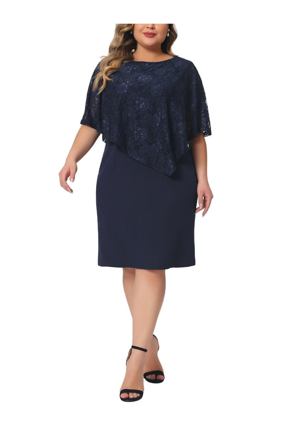 Plus Size Cape Dress for Women Sleeveless with Lace Overlay Bodycon Party Pencil Dress 3X Dark Blue