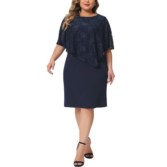 Agnes Orinda Plus Size Cape Dress for Women Sleeveless with Lace Overlay Bodycon Party Pencil Dress 4X Dark Blue