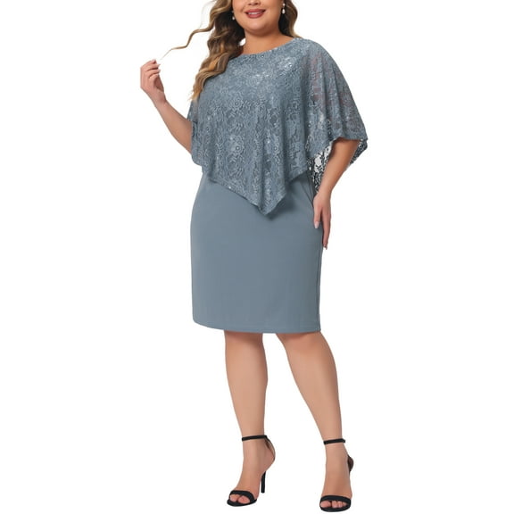 Agnes Orinda Plus Size Cape Dress for Women Sleeveless with Lace Overlay Bodycon Party Pencil Dress 4X Gray Blue
