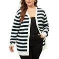 thumbnail image 1 of Agnes Orinda Plus Size Cardigan Sweater for Women V Neck Button Down Open Front Long Sleeve Striped Knit Cardigans 4X Blue, 1 of 3