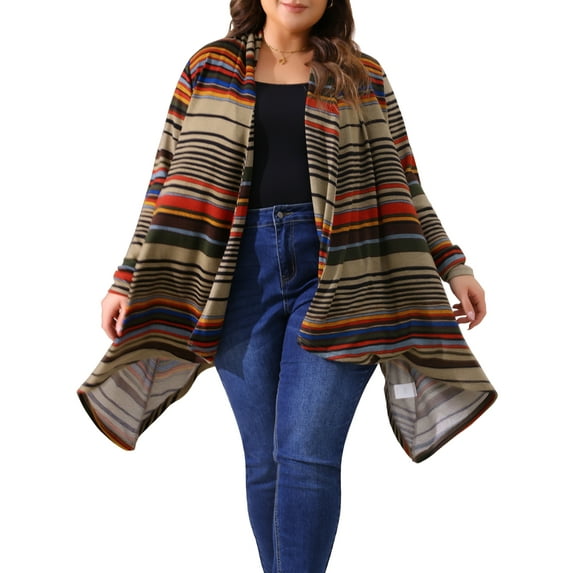 Agnes Orinda Women's Plus Size Cardigan Sweaters Lightweight Long Sleeve Open Front Knit Stripe Cardigans 3X Beige