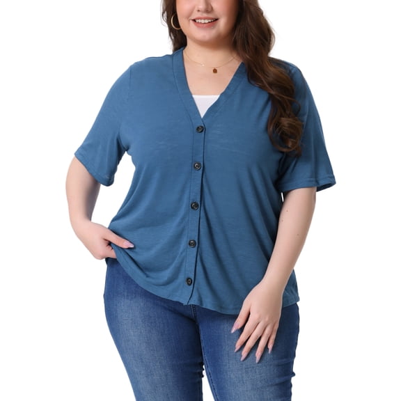 Agnes Orinda Plus Size Cardigan for Women Button Down Sheer Round Neck Short Sleeve Knitted Sweater 4X Blue