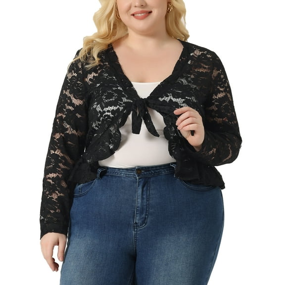 Agnes Orinda Plus Size Cardigan for Women Lace Bolero Shrug 3/4 Sleeve Tie Front Elegant Bolero Cardigan 1X Black